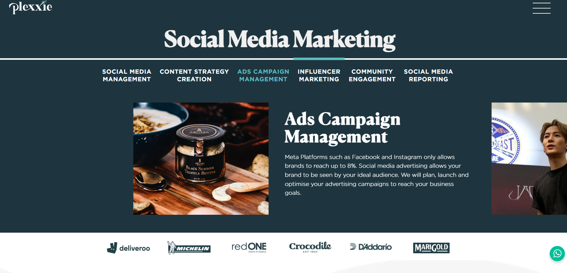Plexxie social media marketing website page with the clients logo