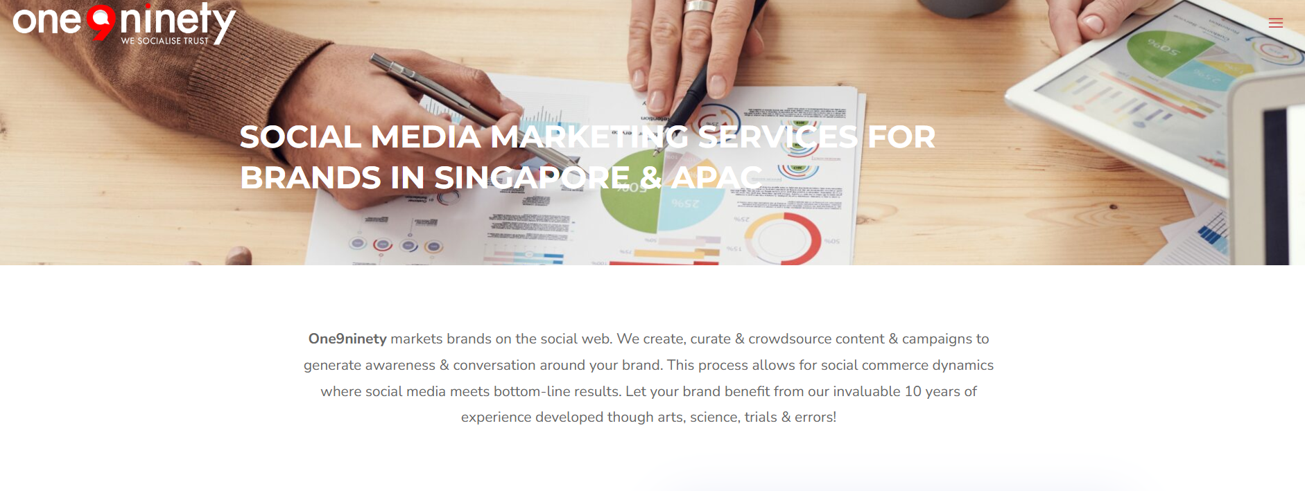 One9Ninet social media service website page with image of hans on graphs