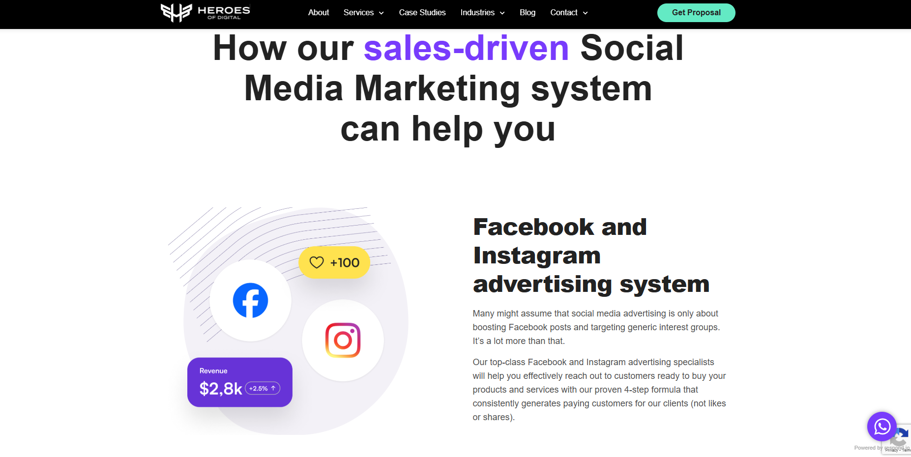 Heroes of Digital Website page with logo facebook, Instagram and an explanation about the advertising system