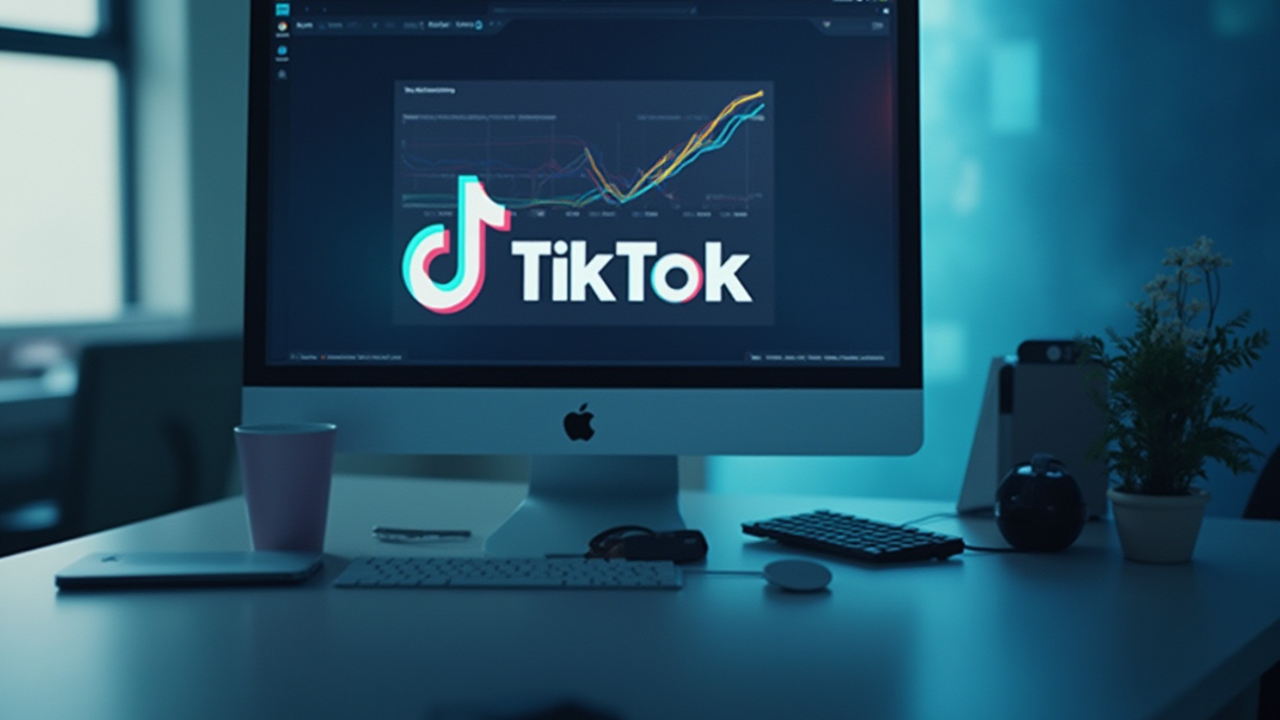 TikTok Analytics Dashboard illustration - a computer screen with graphs and TikTok logo