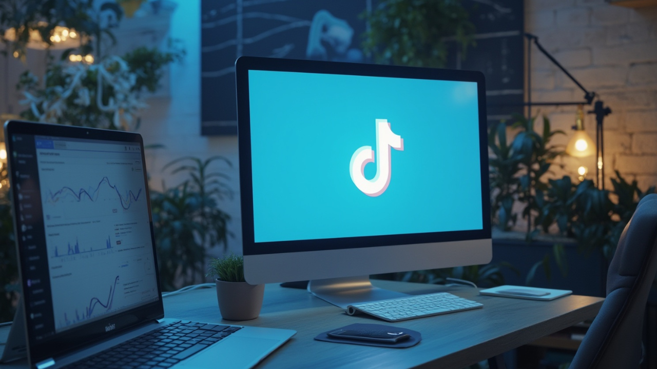 TikTok Analytics Dashboard illustration - a computer screen with tiktok logo and another screen with graphs. The setp up is in a home office.