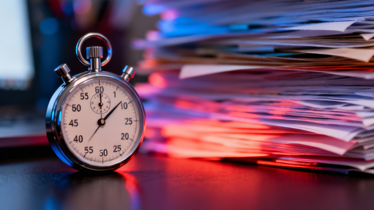 A stopwatch in front of a notebook and a pile of paper