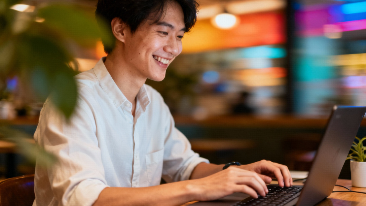 A dark-haired man typing while smiling
