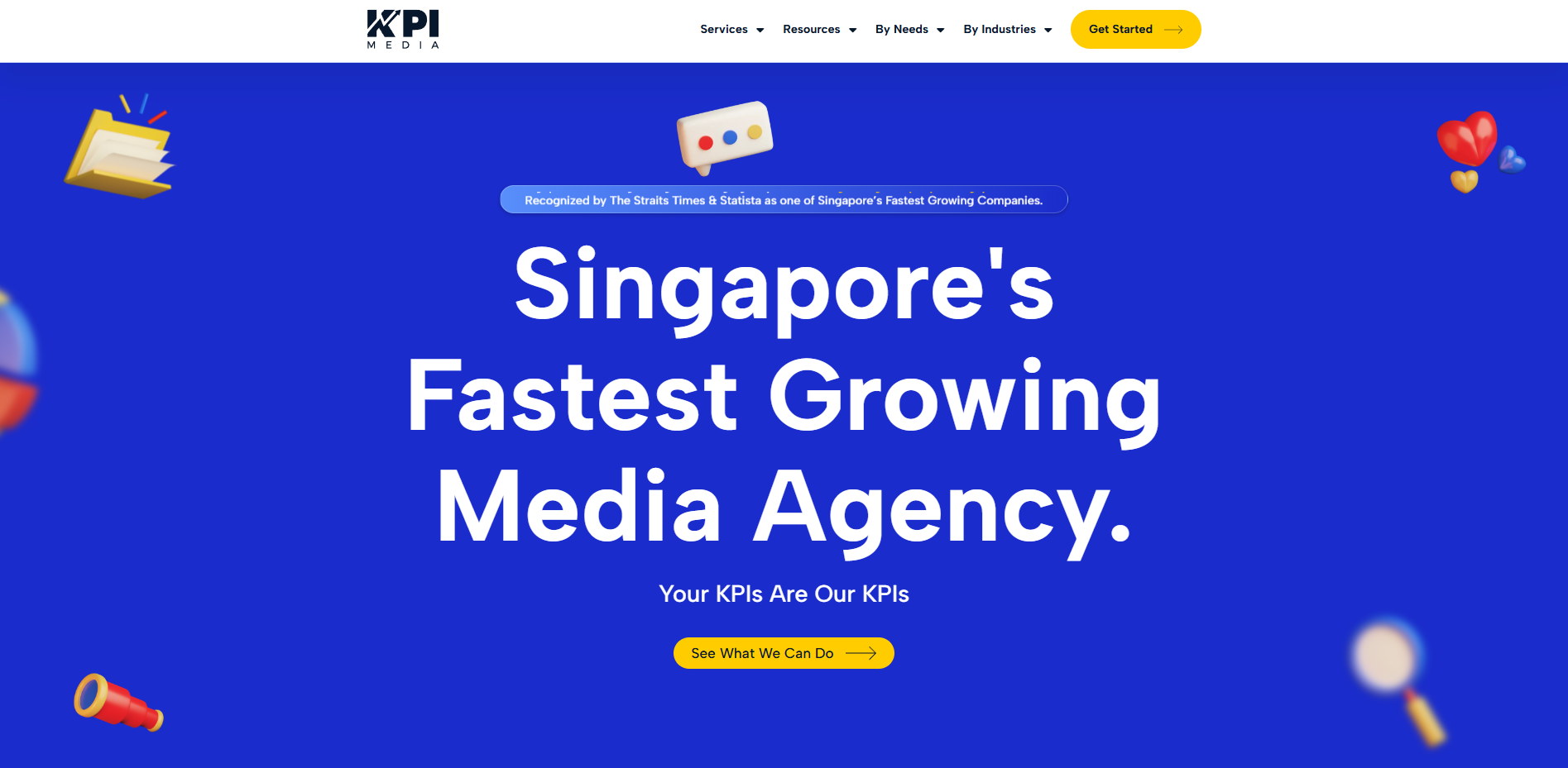 A blue website background with text KPI Media, Singapore's Fastest Growing Media Agency