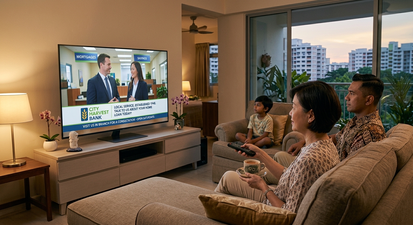 Singapore people watches bank commercial on television in a home