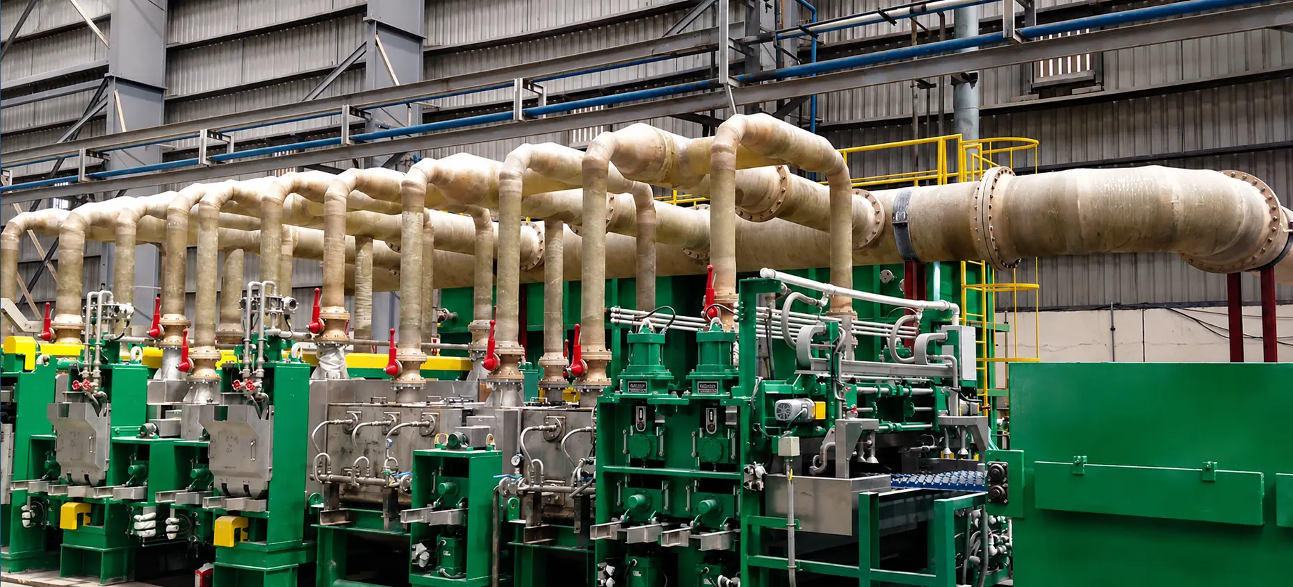 Industrial machinery with green metal components and large insulated pipes in a factory setting.