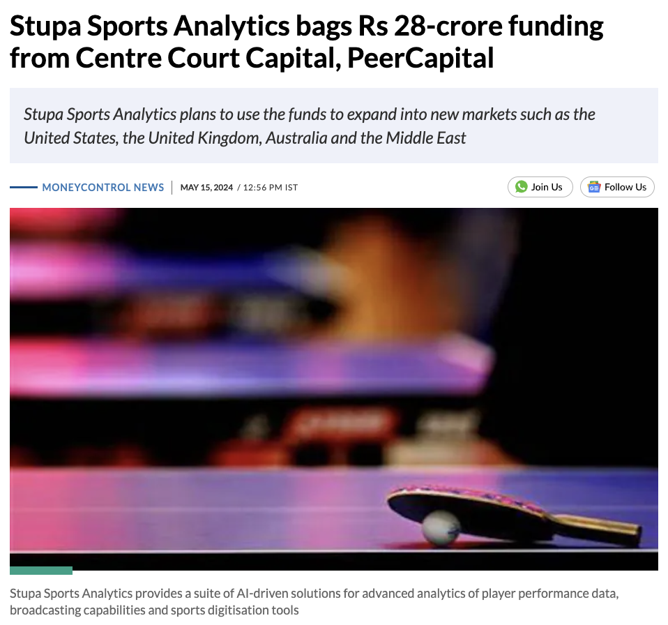 Stupa Sports Analytics bags Rs 28-crore funding from Centre Court Capital, PeerCapital