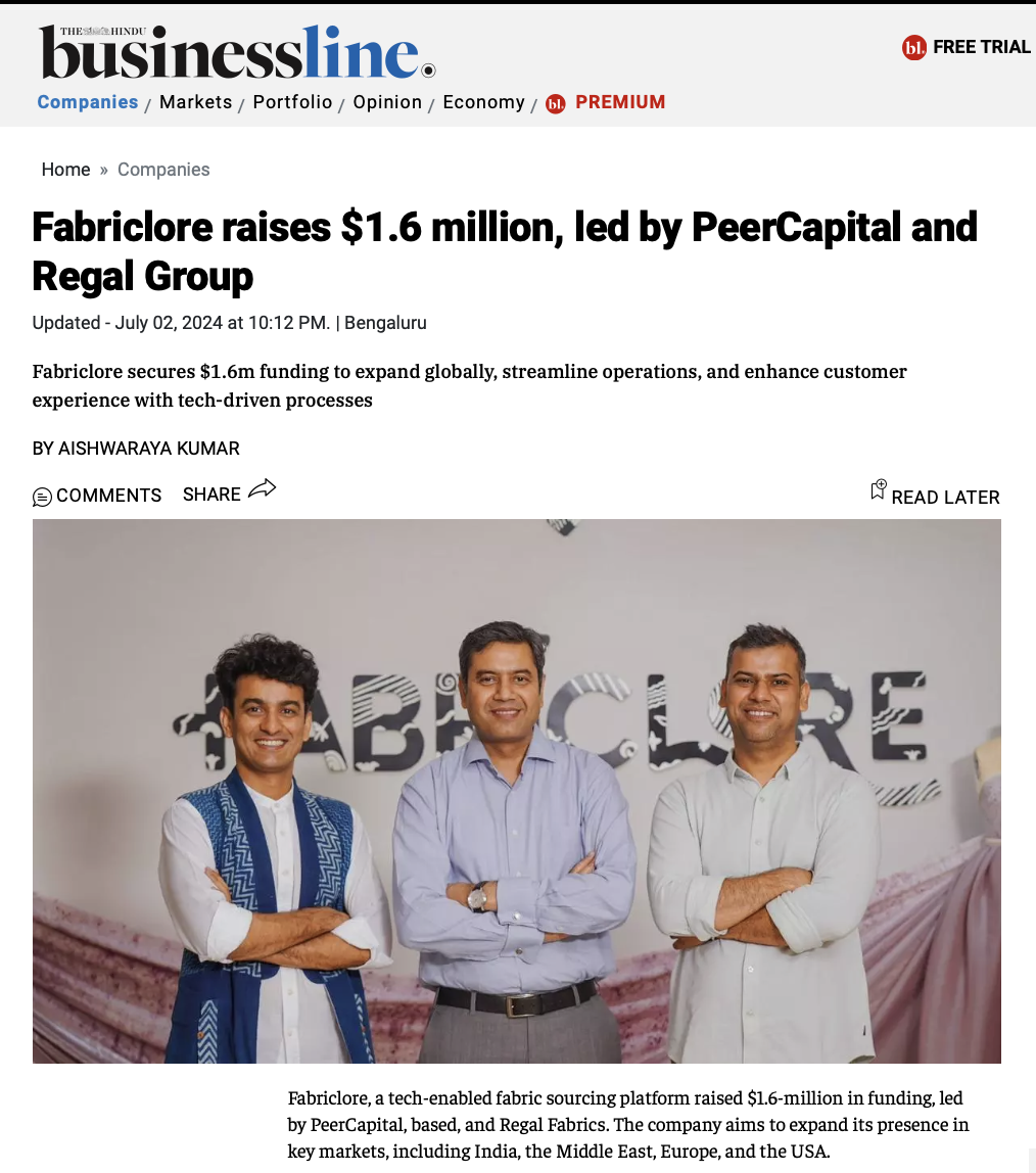 Fabriclore raises $1.6 million, led by PeerCapital and Regal Group