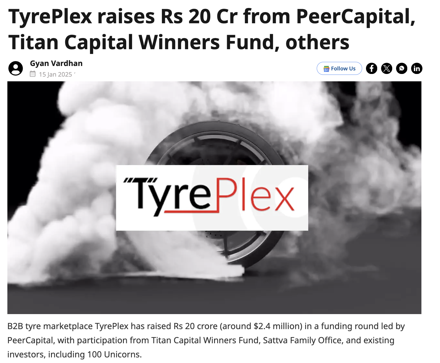 TyrePlex raises Rs 20 Cr from PeerCapital, Titan Capital Winners Fund, others