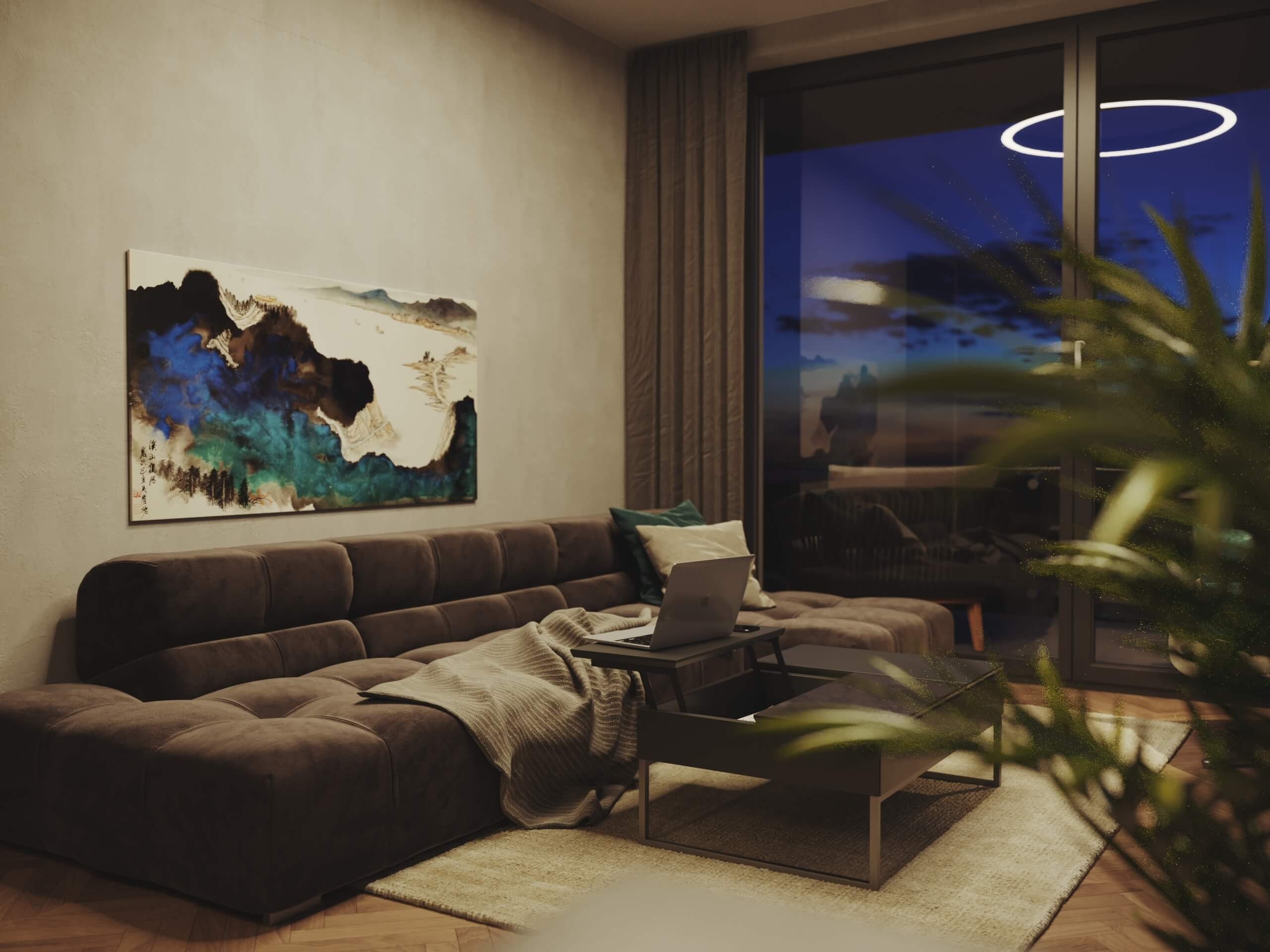 Tufty Time sofa visualization in the Marina Tower at night