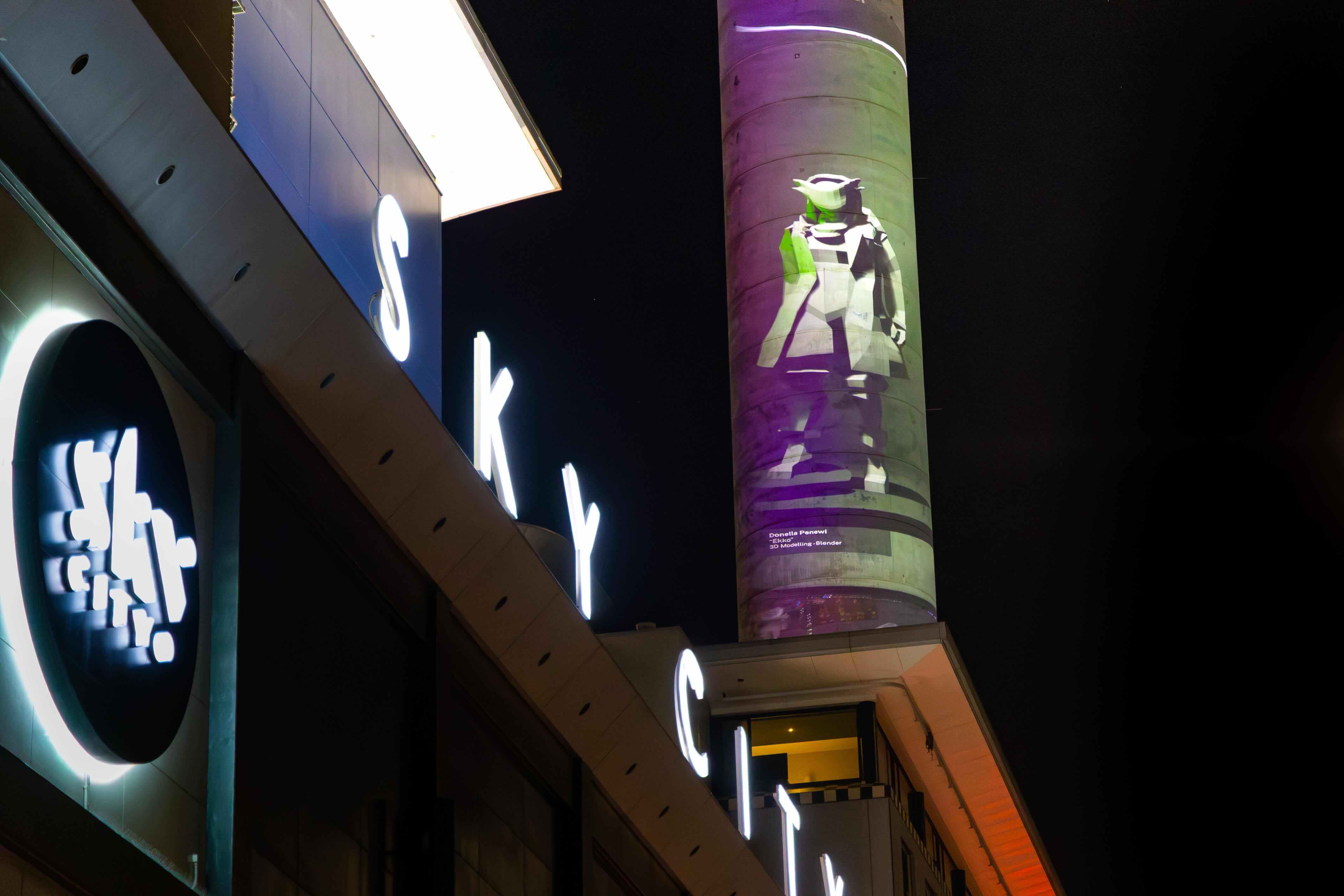 SkyCity Tower showing artists work, rangatahi artist