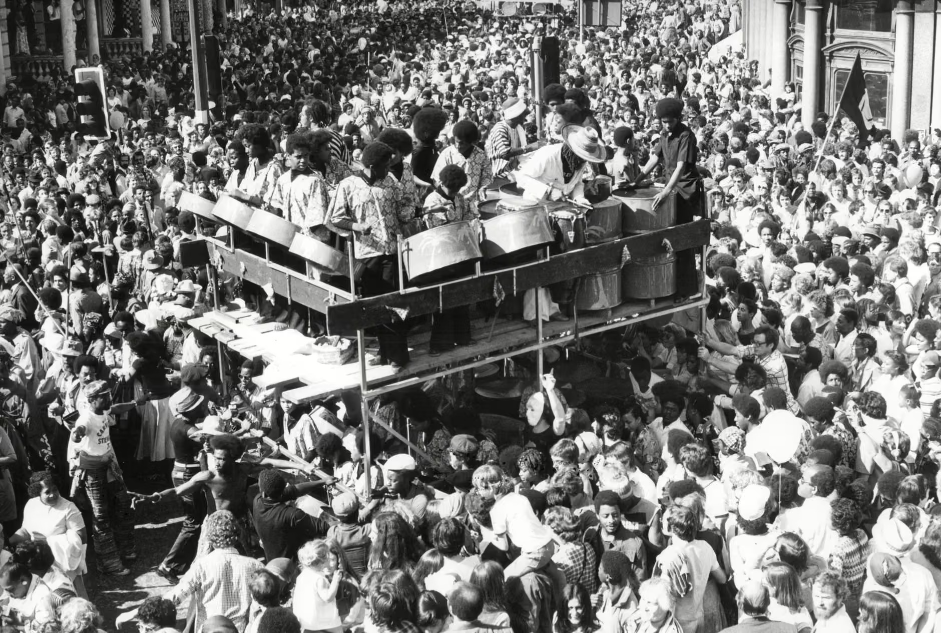 1977. A vast crowd follow a steel bandPhotograph: ANL/Rex/Shutterstock