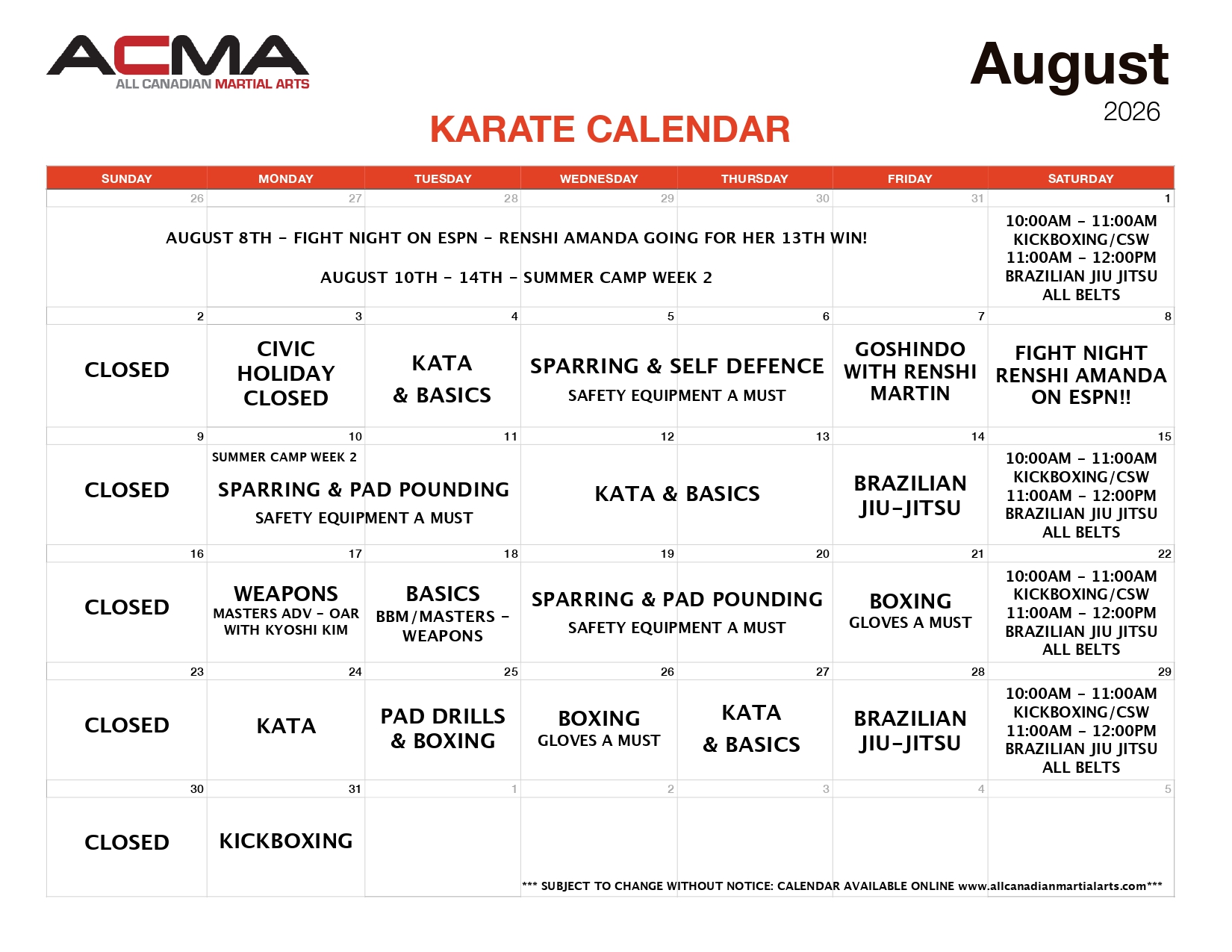 Karate Calendar