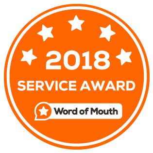A circular orange badge with white text that reads "2018 SERVICE AWARD" and below that "Word of Mouth" with a star icon. Five white stars are arranged around the top of the circle. The website "wordofmouth.com.au" is at the bottom.