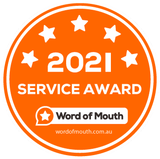 A circular orange badge with white text that reads "2021 SERVICE AWARD" and below that "Word of Mouth" with a star icon. Five white stars are arranged around the top of the circle. The website "wordofmouth.com.au" is at the bottom.