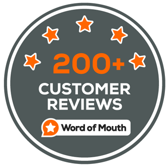 A circular dark grey badge with orange and white text. It features "200+" in large orange font, followed by "CUSTOMER REVIEWS" in white, and "Word of Mouth" with a star icon at the bottom. Five orange stars are arranged around the top of the circle.
