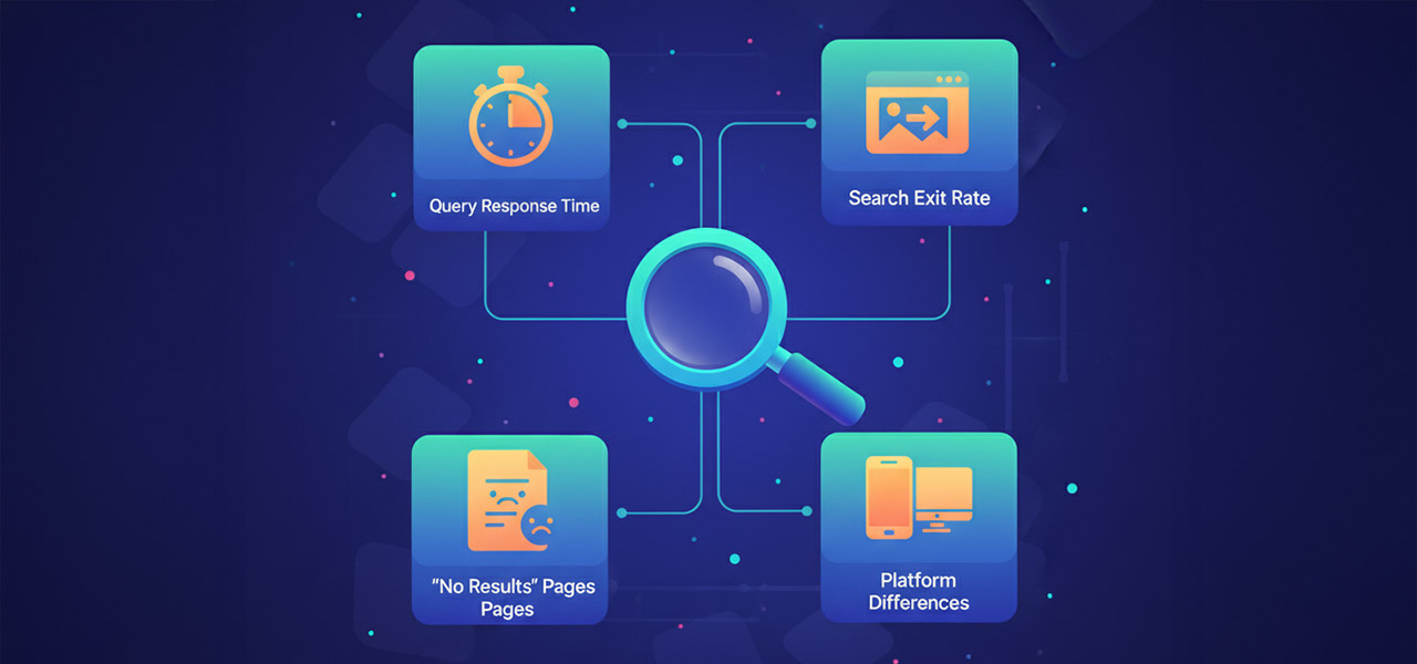 An infographic outlining how to diagnose poor search performance on Shopify, featuring key metrics from the article: a stopwatch for query response time, an exiting arrow for search exit rate, and a blank page for 'no results' pages.