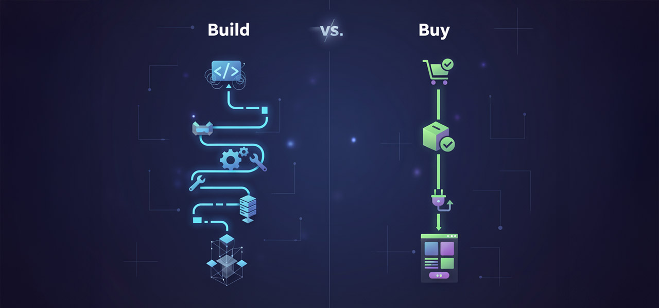 An infographic illustrating the "Build vs. Buy" decision for a Shopify search solution. The complex "Build" path shows icons for developers and specific technologies, while the simple "Buy" path shows a user-friendly SaaS application.