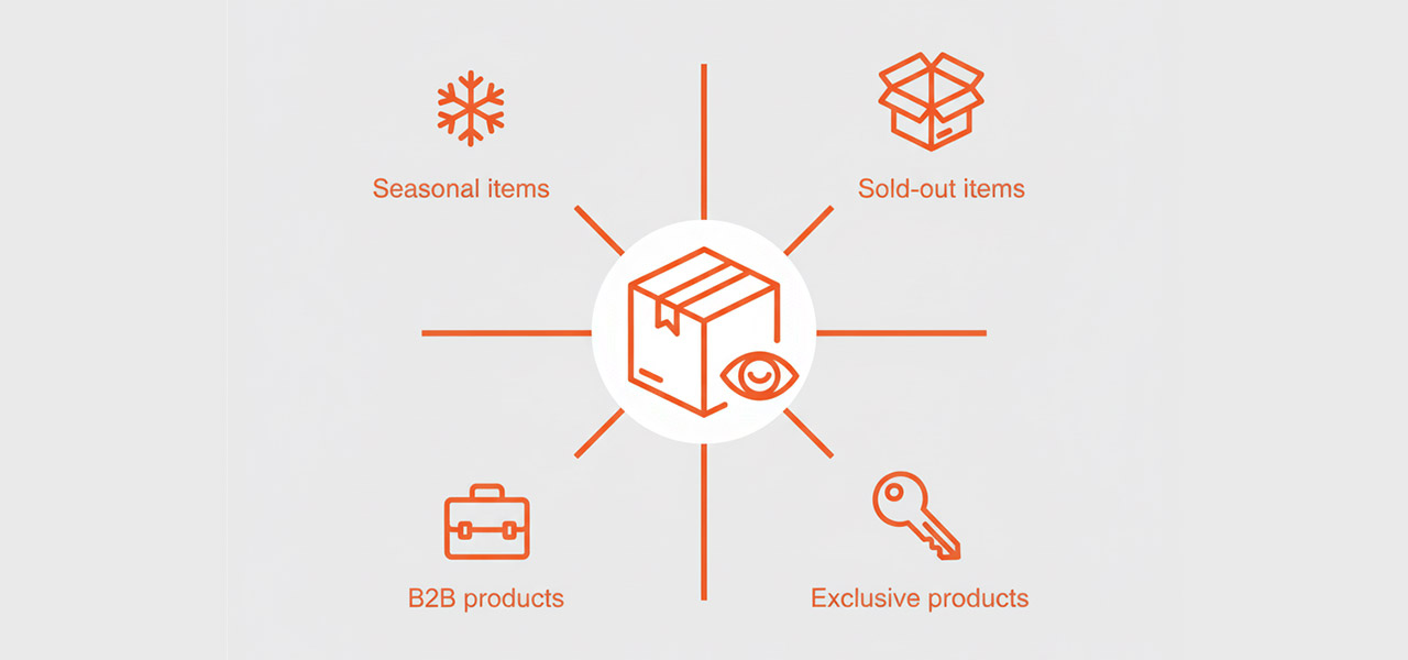 An infographic explaining the strategic reasons to hide products from Shopify search. It features minimalist icons for key use cases mentioned in the article, such as seasonal items, sold-out products, and B2B-exclusive goods.