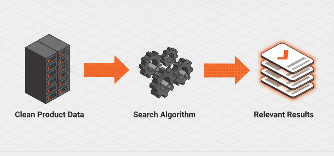 An isometric infographic explaining how 'search within a collection' works. It shows how clean catalog management (data block) is processed by a smart search algorithm to deliver precise, contextually relevant results.