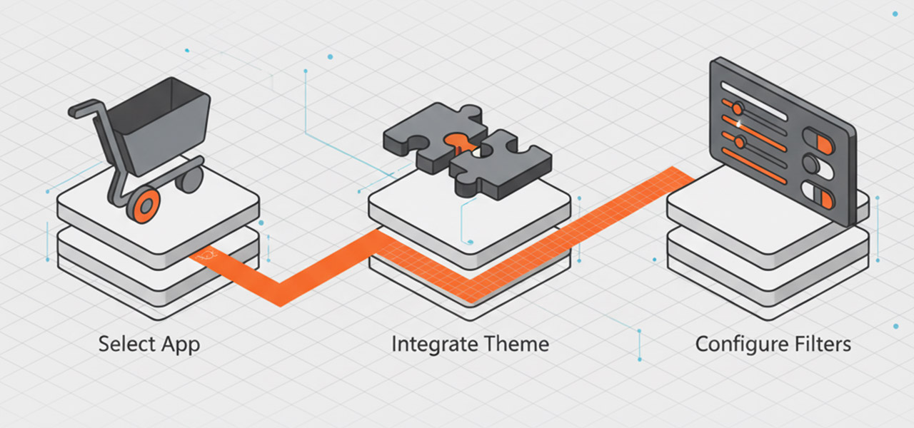 An isometric infographic outlining the practical guide to implementing a 'search within collection' app. The path shows the three main stages: selecting the right app, integrating it with the Shopify theme, and configuring the product filters.