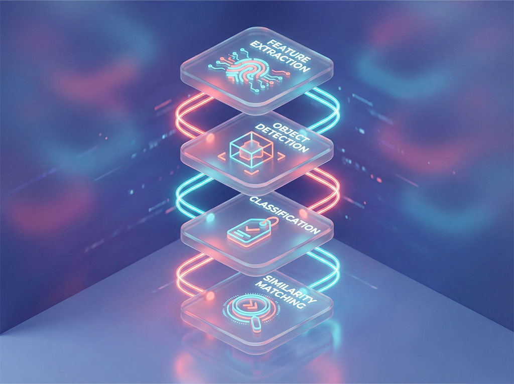 A flowchart detailing the four steps of the AI visual search process: Feature Extraction, Object Detection, Classification, and Similarity Matching, visualizing how Deep Learning models interpret and organize visual data.