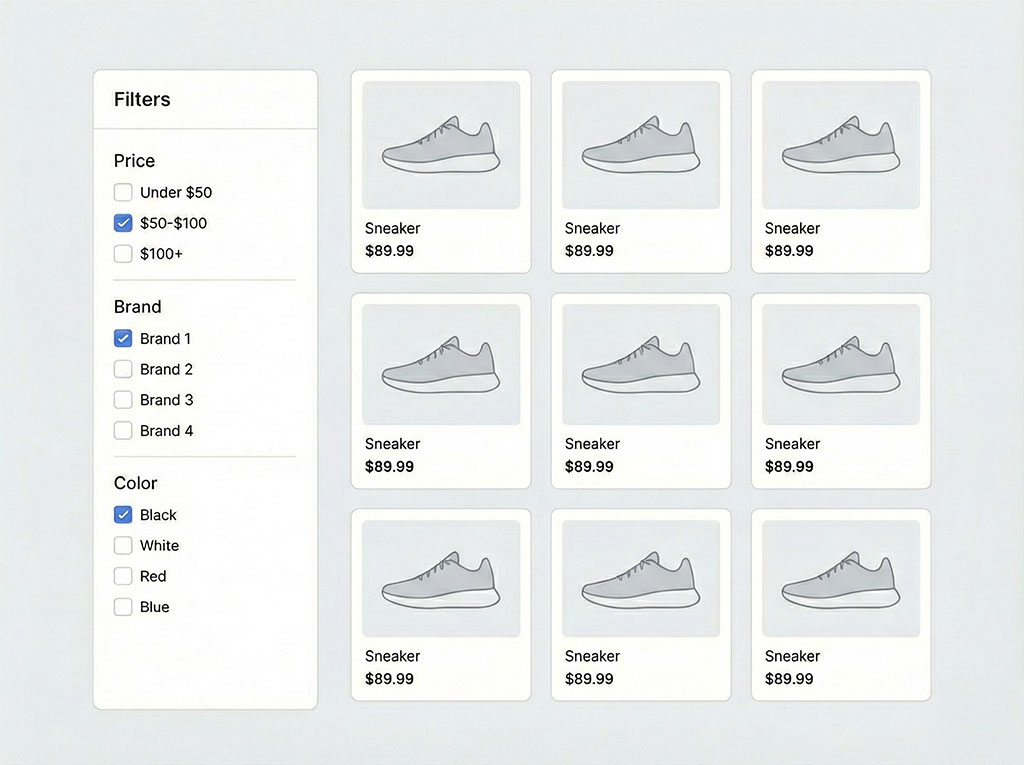 An infographic illustrating "Faceted Navigation." It depicts a sidebar menu with filters for Price, Brand, and Color, showing how users can refine their search results to find specific products.
