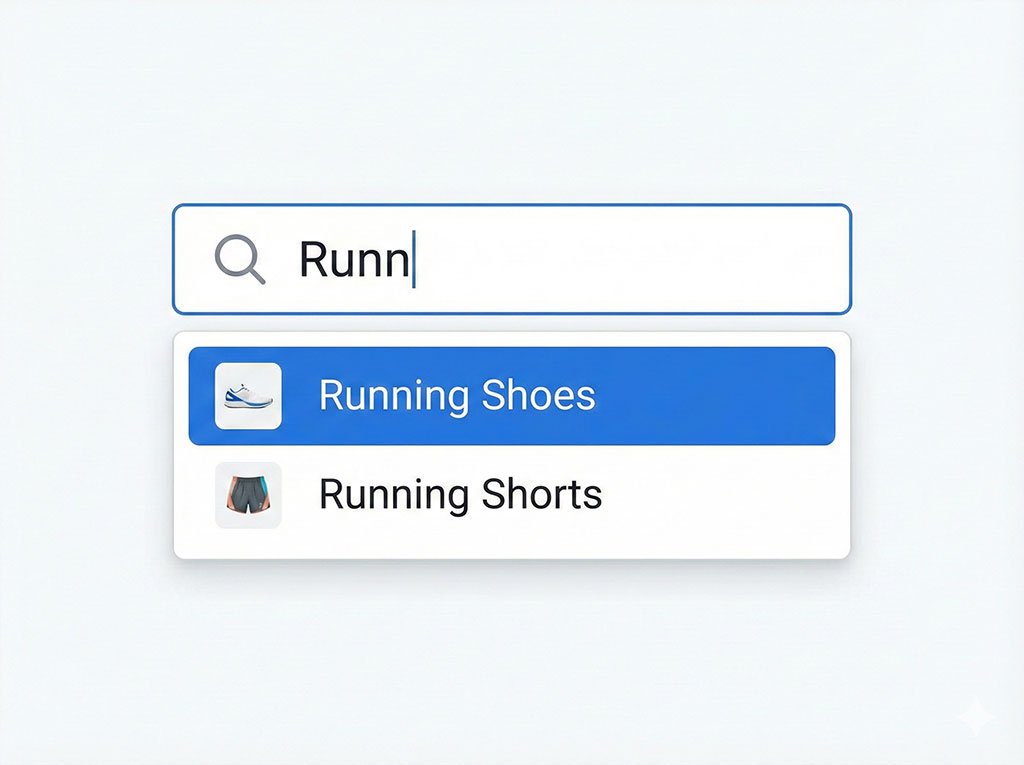 A visual representation of the "Autocomplete" feature. A search bar shows a user typing "Runn" and immediately receiving suggestions for "Running Shoes," demonstrating how the technology speeds up the search process.