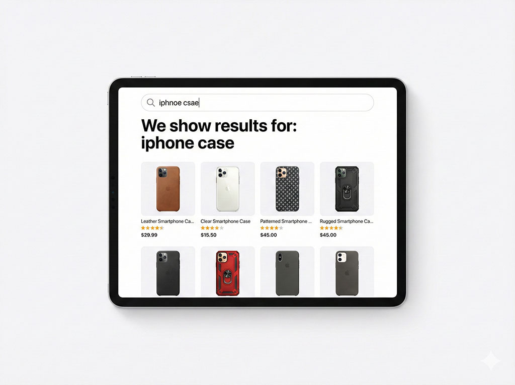 A UI illustration demonstrating typo tolerance. The search bar shows the misspelled query "iphnoe csae," but the interface automatically corrects it to "iphone case" and displays relevant product results, preventing a "no results" page.