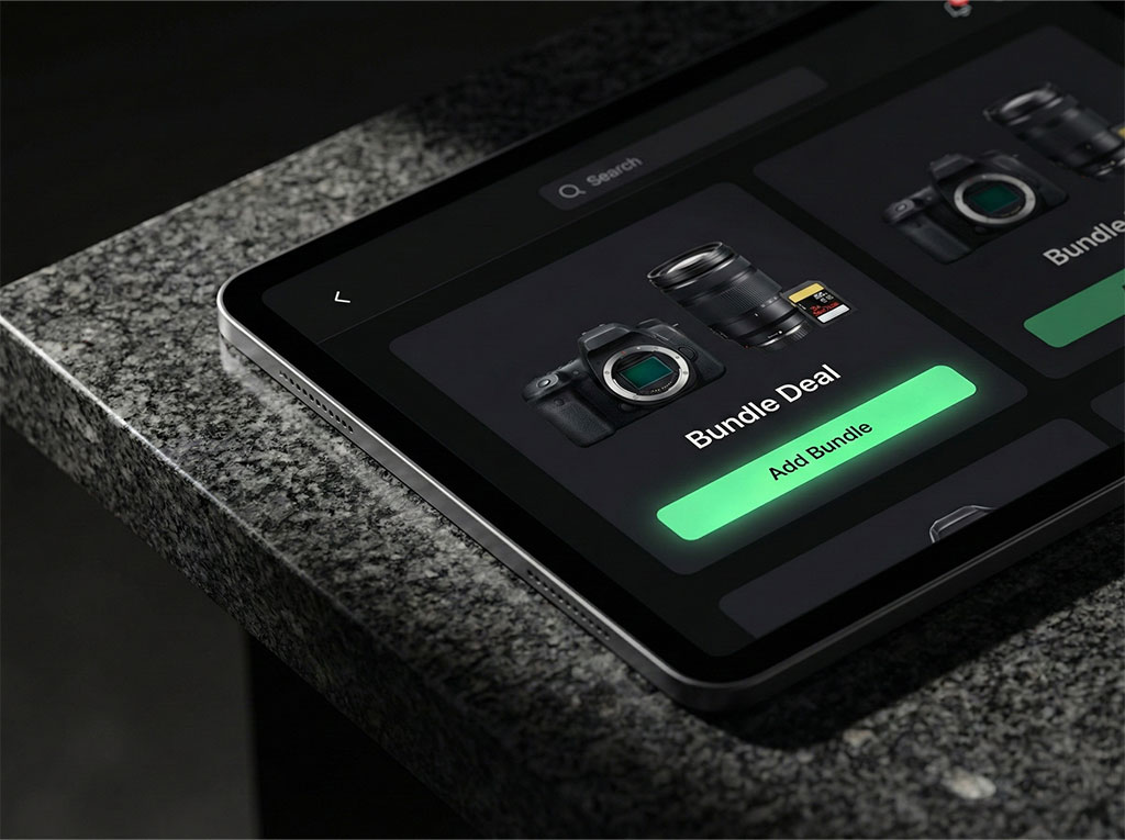 A close-up of a tablet screen showing a "Frequently Bought Together" bundle (camera, lens, memory card), illustrating how grouping complementary products increases order value.