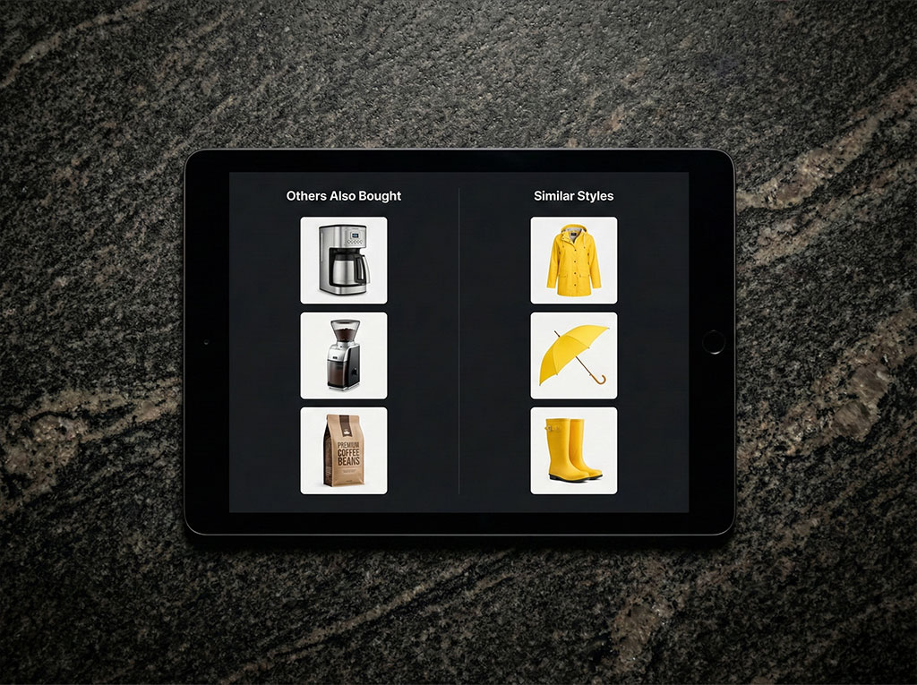 A photorealistic shot of a tablet screen split into two sections to compare recommendation types. The left section shows "Others Also Bought" (collaborative filtering based on group behavior), and the right section shows "Similar Styles" (content-based filtering based on visual attributes like color).