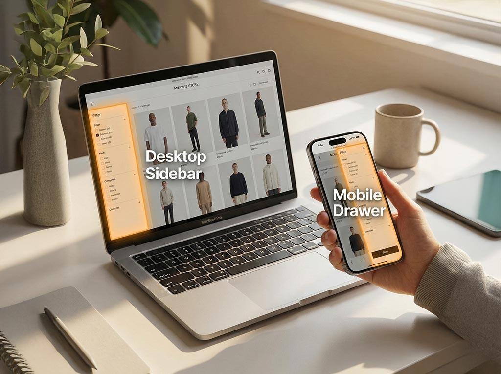 A realistic photo showing a laptop with a highlighted "Desktop Sidebar" filter and a smartphone displaying a "Mobile Drawer" filter, illustrating strategic placement on different devices.