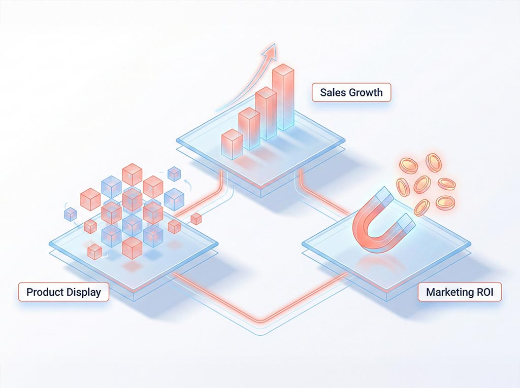 An infographic illustrating three benefits of homepage merchandising. Three platforms display 3D icons representing improved product display, increased sales growth, and maximized marketing ROI.