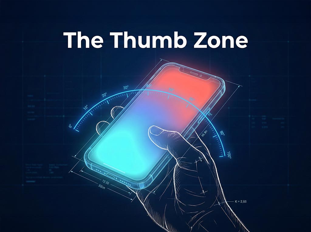 An infographic visualizing the "Thumb Zone" concept described in the article. It uses a heat map on a phone screen to distinguish between the easy-to-reach green/cyan zone and the hard-to-reach red zone, helping store owners understand where to place key navigation elements.