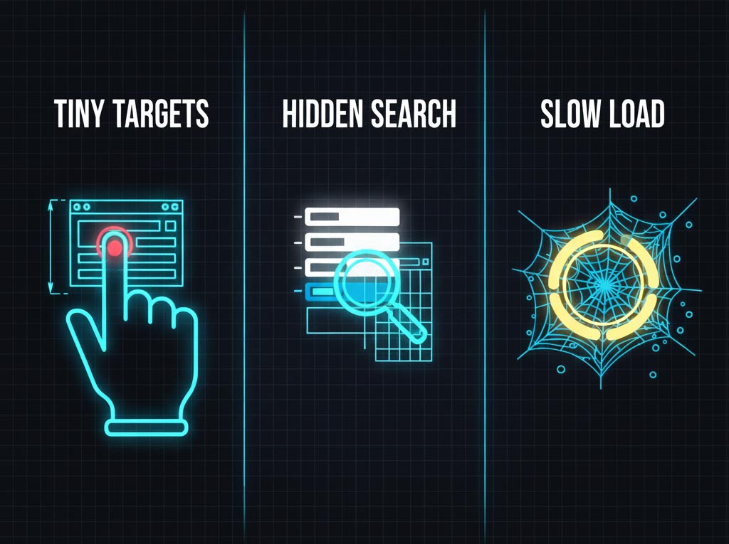 An infographic breaking down the "3 Deadly Sins of Mobile UX" listed in the text. It uses clear icons to represent buttons that are too small, search bars that are hard to find, and pages that load too slowly, serving as a visual checklist for what to avoid.