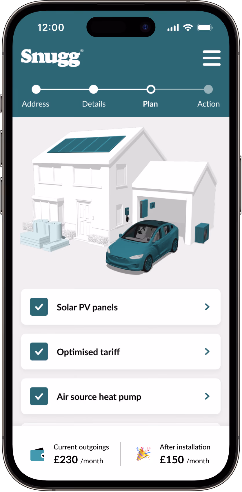 Smartphone screen showing the Snugg app with a home energy plan including solar PV panels, optimized tariff, and air source heat pump, with reduced monthly cost from £230 to £150.
