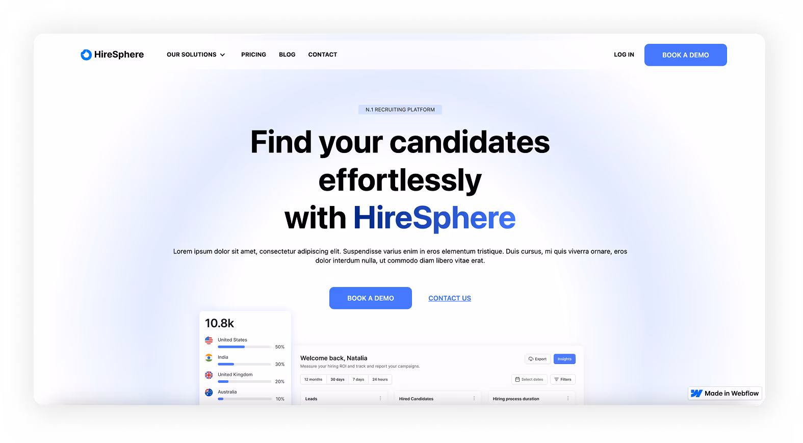 Screenshot of HireSphere template website.
