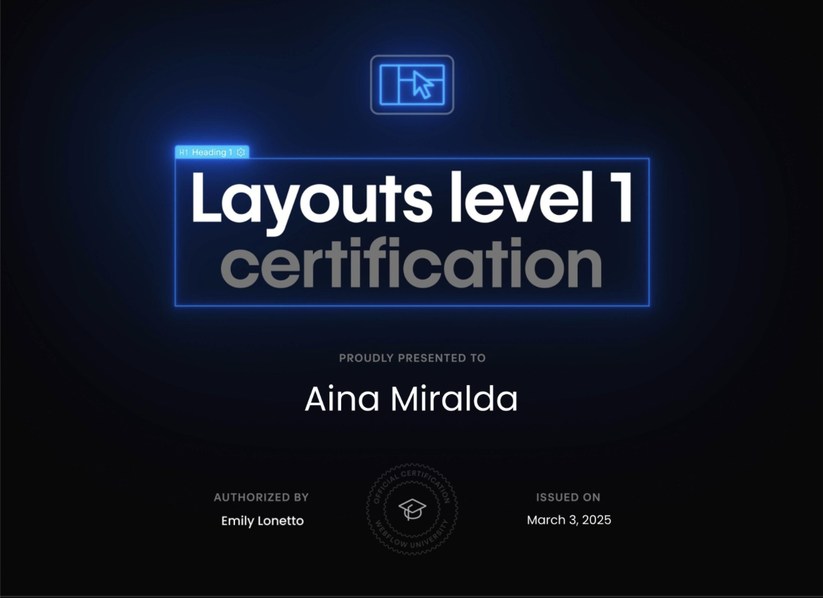 Certificación Webflow Layout nivel 1 que acredita habilidades en diseño web profesional