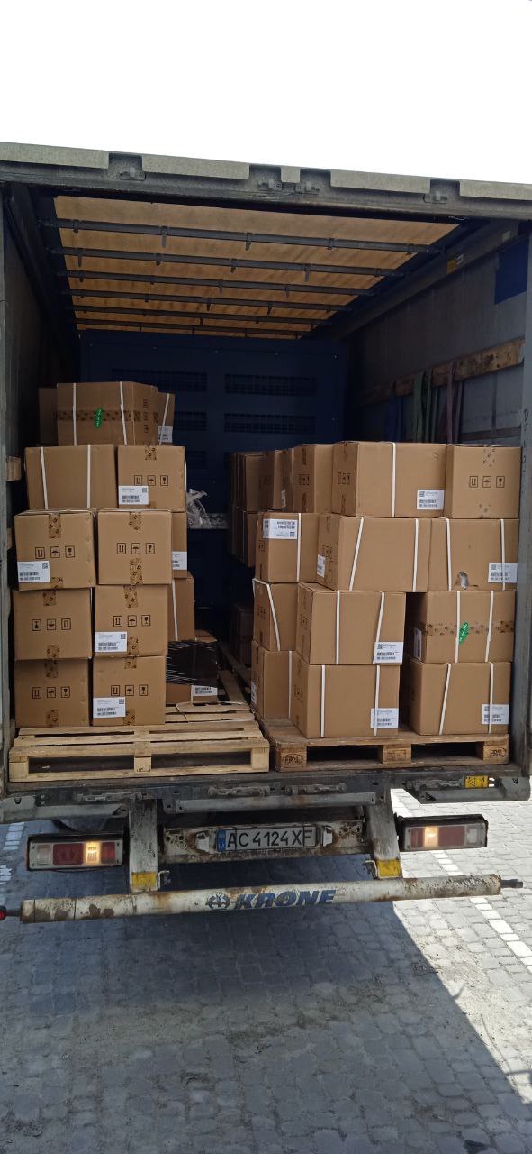 Truck full of boxes of diabetes medication that was delivered to, and distributed throughout, Ukraine by Ukraine Rises.