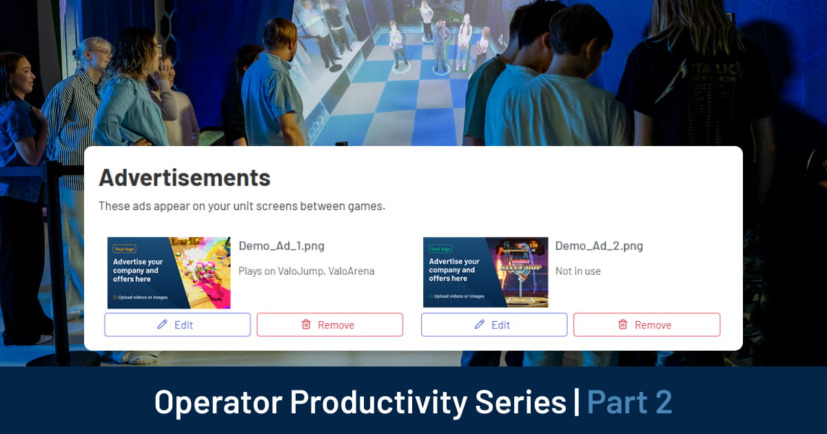 The marketing tab in Operations Hub allows you to put your own ads and promotions on Valo Motion attractions to increase upsells, visibility, or highlight special events right where your guests are looking.