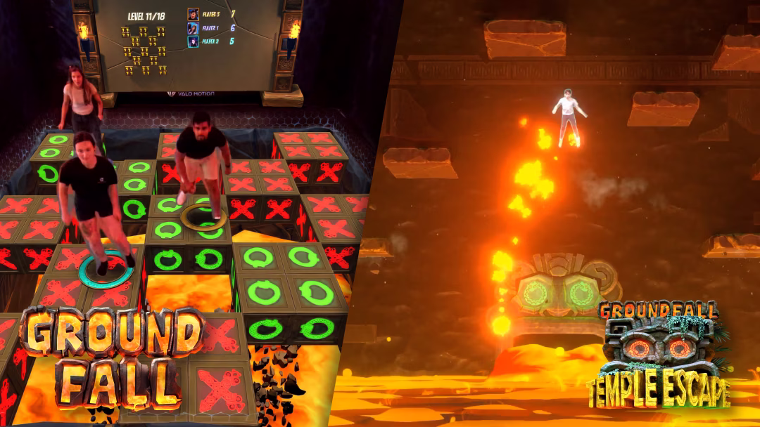 Collage showing Groundfall for ValoArena on the left and Groundfall: Temple Escape for ValoJump on the right