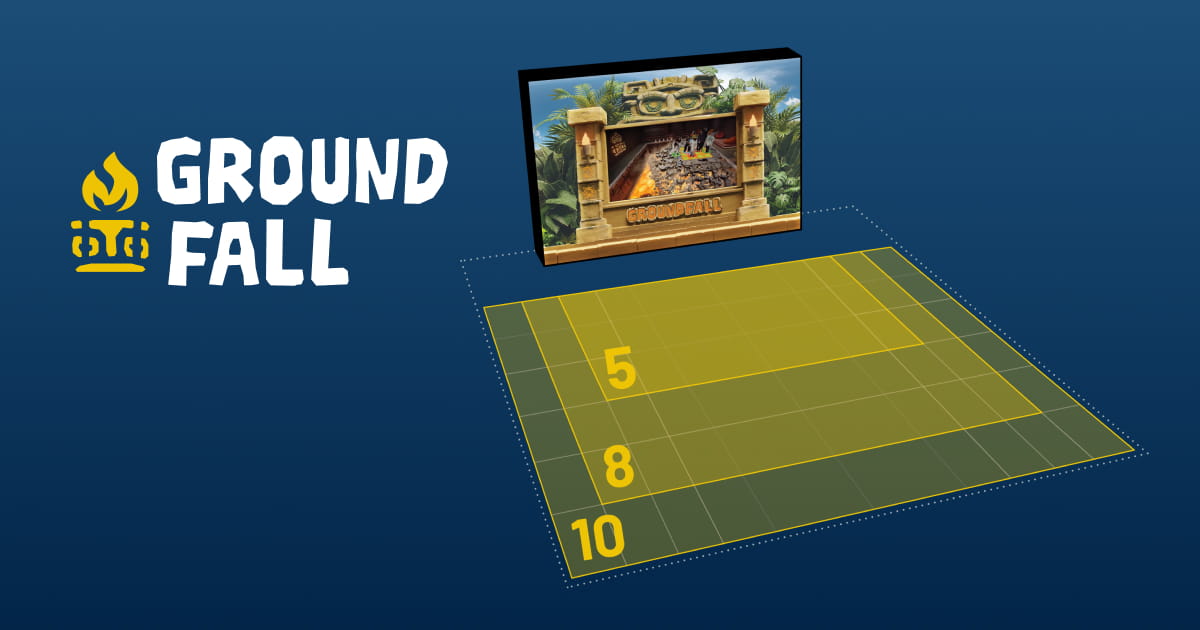 Groundfall and its three recommended sizes: Small (5 players), Medium (8 players), and Large (10 players)