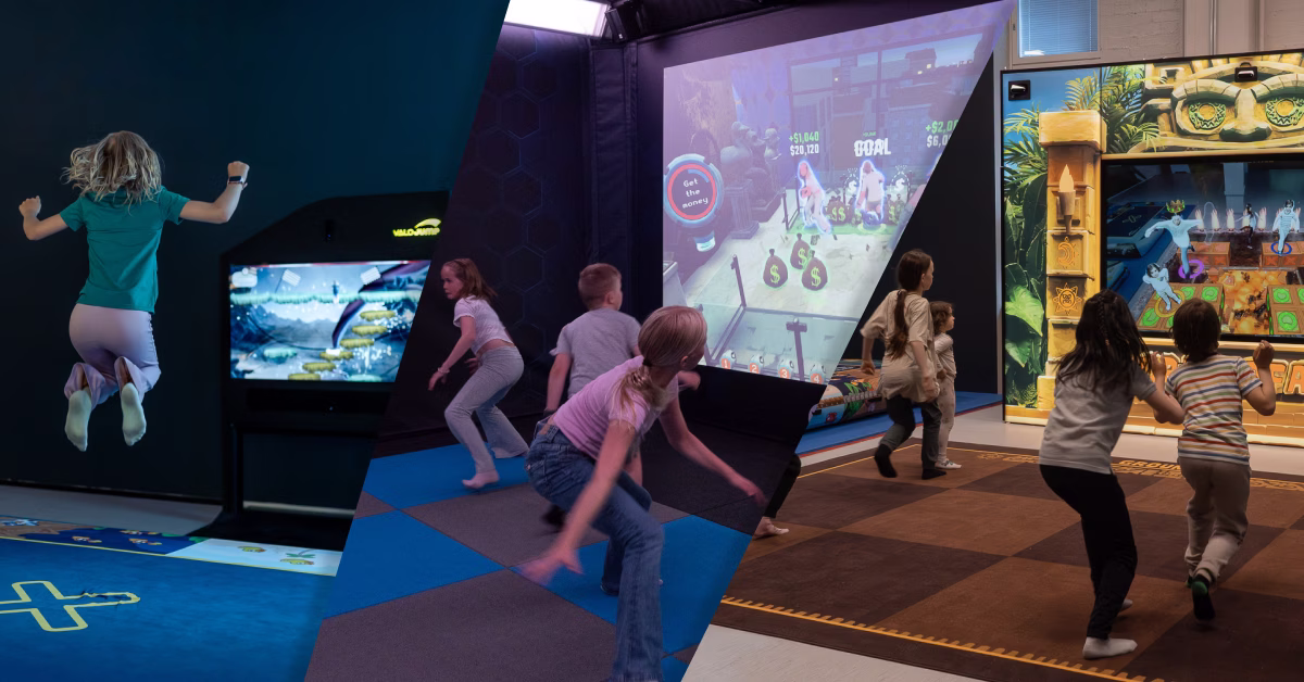 Valo Motion's suite of retrofit friendly attractions: ValoJump air, ValoArena 4-player, and brand new product Groundfall (left to right)