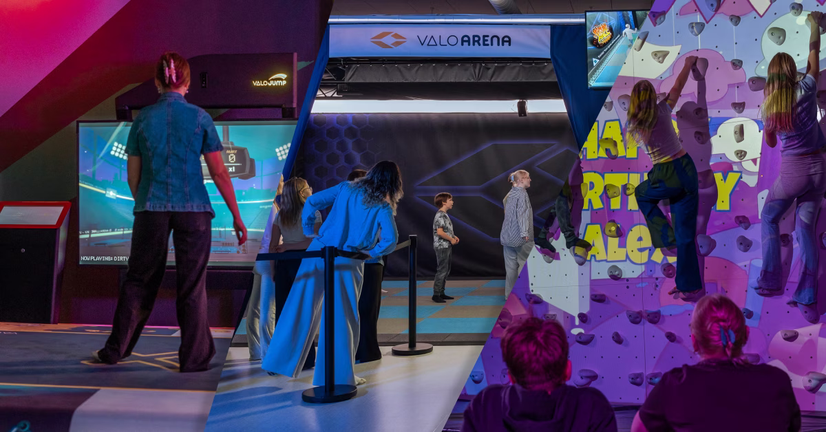 A collage of people enjoying ValoJump air, ValoArena 6-player and birthday party mode of Hullabaloon on ValoClimb
