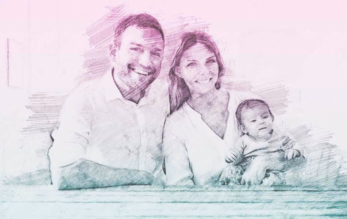 Illustrasjon av ung familie på tre