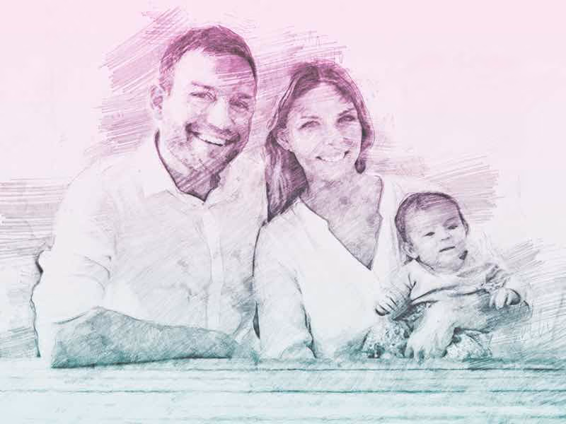 Illustrasjon av ung familie på tre