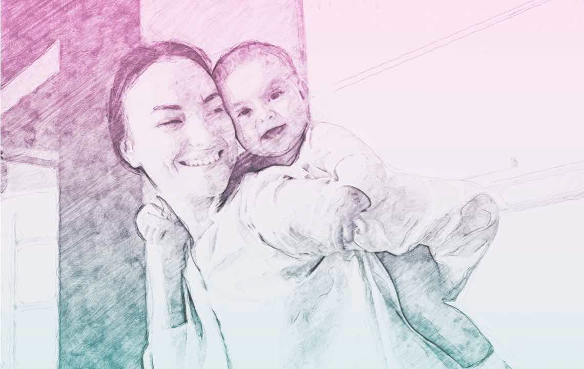 Young mother carries child on her back playfully