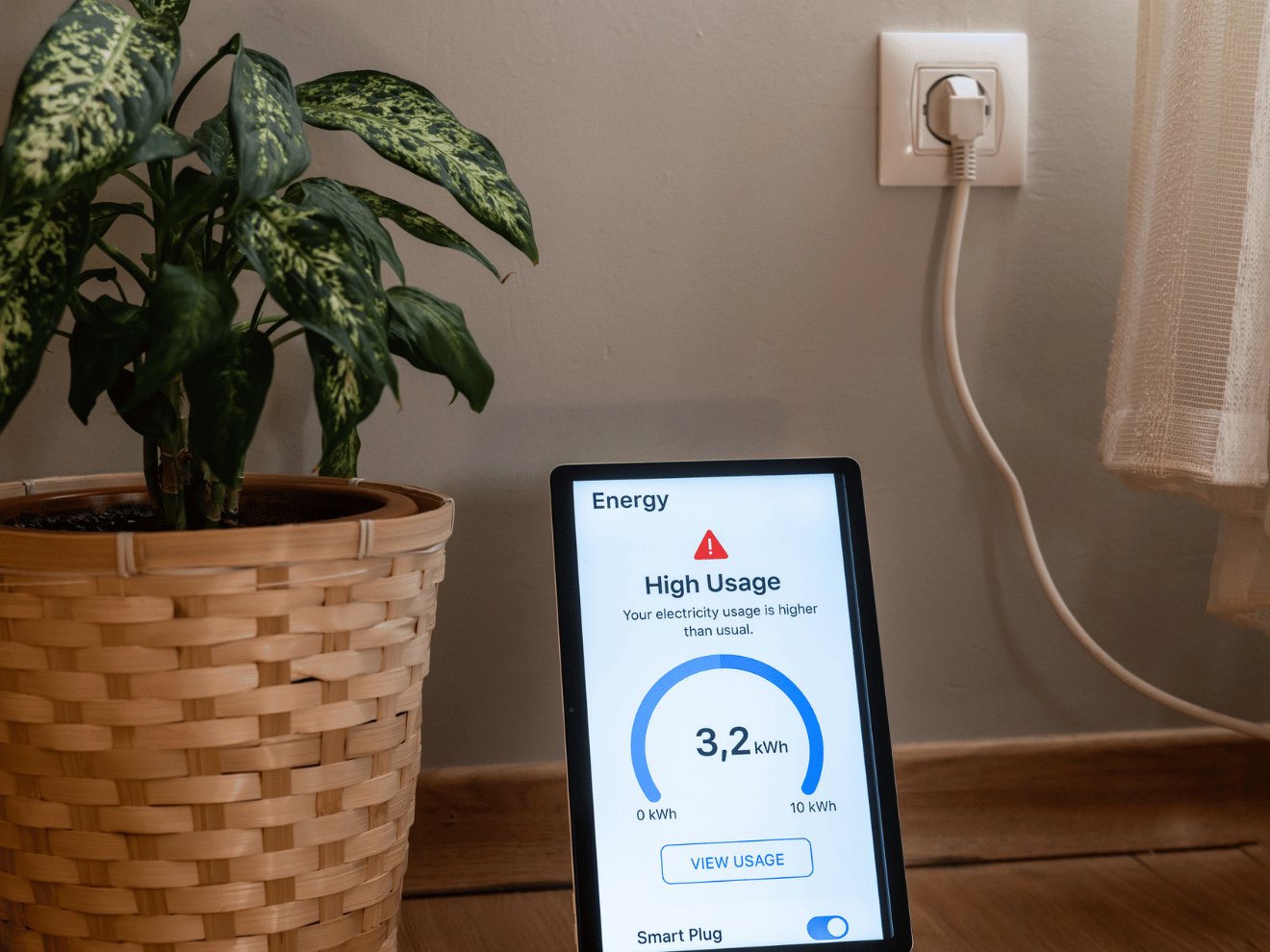 Tablet displaying a high electricity usage alert from a smart plug, indicating excessive energy consumption in a home setting, with a plant in a wicker basket nearby