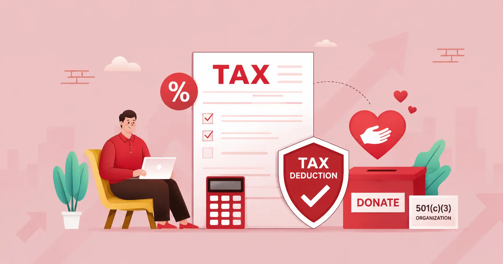 US donor reviewing charitable contribution tax documents with Jusoor donation page open on laptop