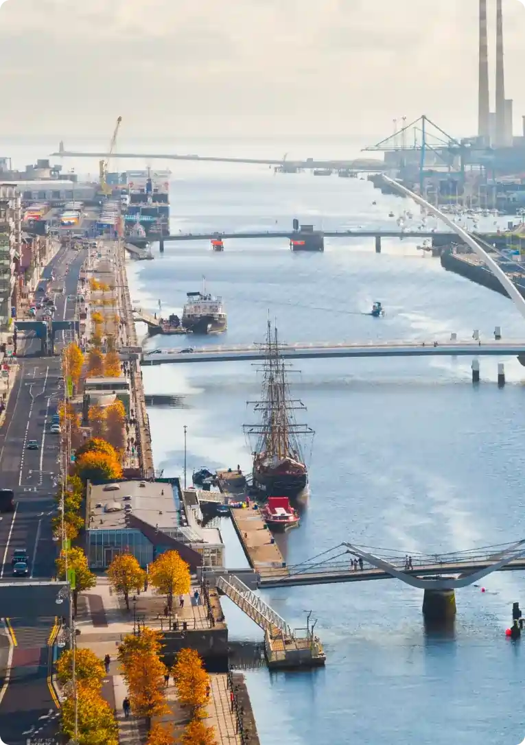 Dublin's docklands aerial view symbolizing Airbnb management company services in Ireland.